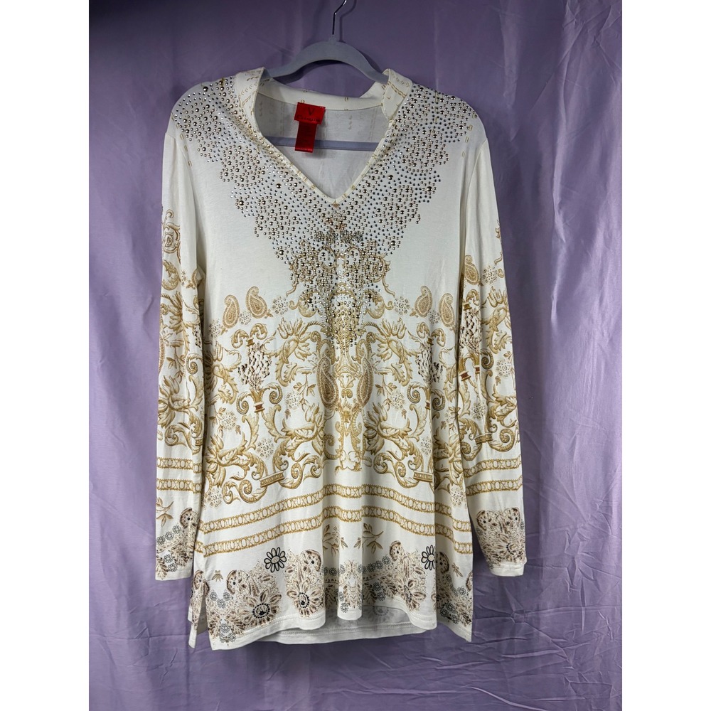 Cristina V Womens Ivory Gold Paisley Rhinestone Embellished Long Sleeve Tunic L